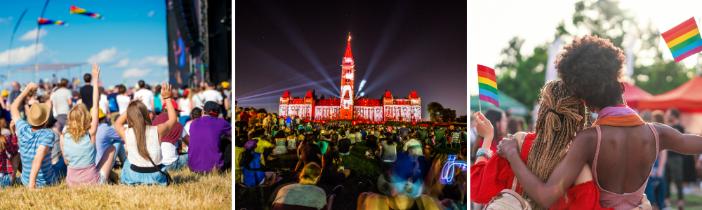 people listening to music at parliament hill, waving pride flags in the air